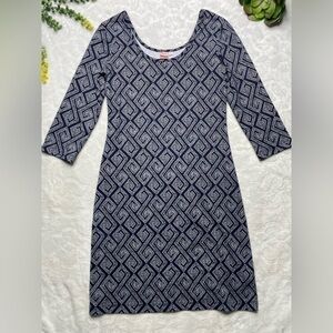 Persifor Kilpatrick Scoop Neck 3/4 Sleeve Stretch Dress in Navy & White Print XS